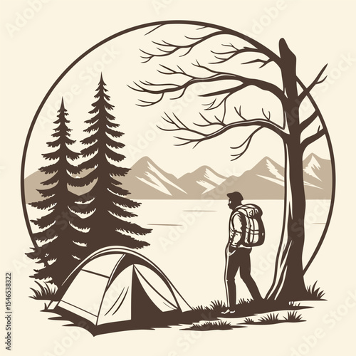Vintage Style Camping Scene with Hiker Tent Trees and Mountains