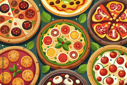 Variety of delicious pizzas overhead view illustration