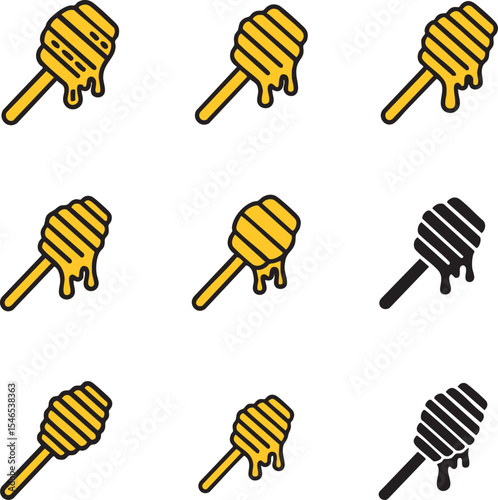 Set of nine honey dipper icons in various styles, including outline, filled, and solid, with some showing dripping honey