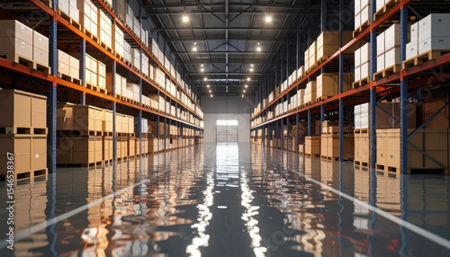Flooded Warehouse with Reflections on Water and Emergency Lighting