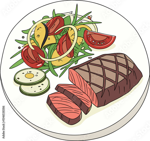Realistic red meat grill and salad vector image on the plate