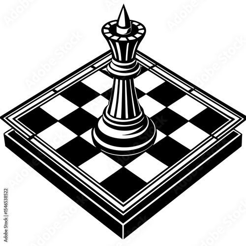 Chess queen piece on a checkered board isolated on white background