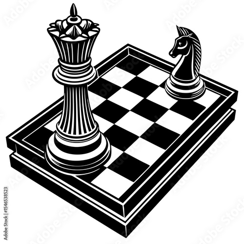 Chess pieces on a chessboard isolated on white background