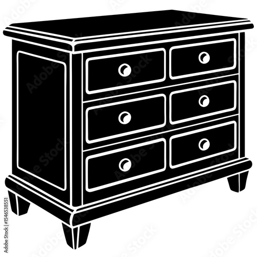 Black dresser with six drawers isolated on white background