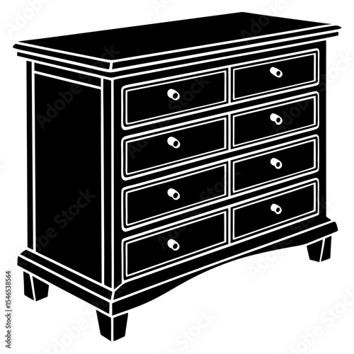 Black dresser with eight drawers isolated on white background