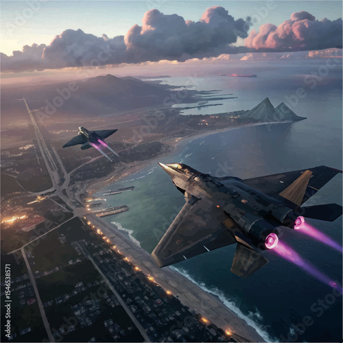 Two Fighters Flying Above a Beautiful City And a Coastal Area