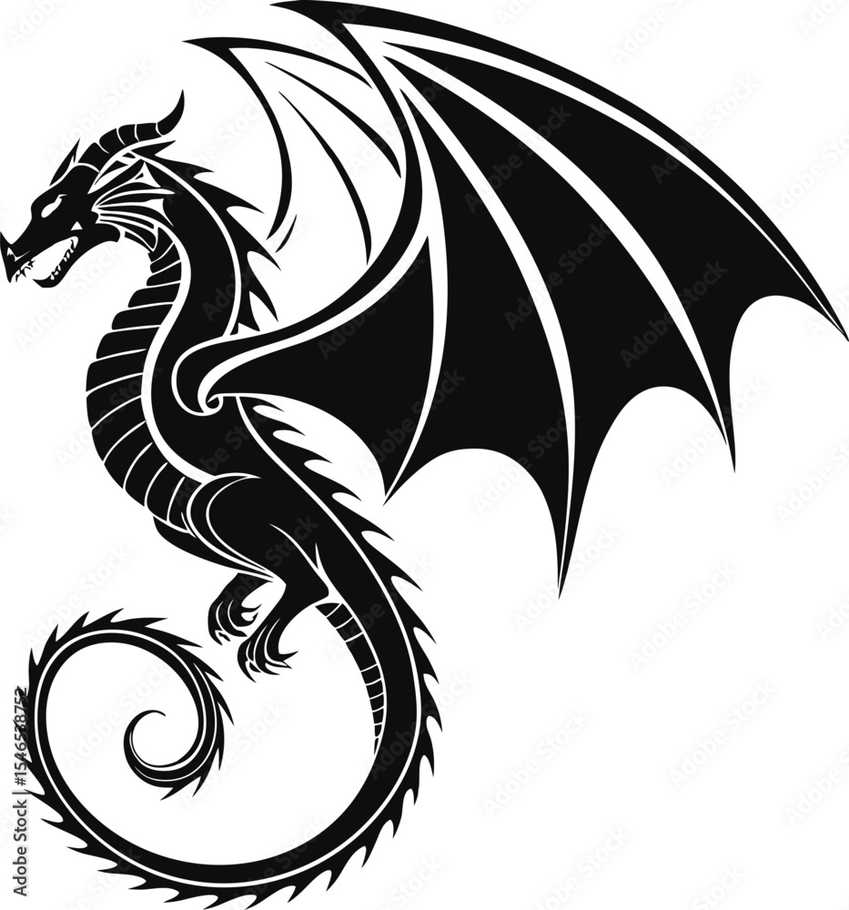 Fototapeta premium Elegant Black Dragon Silhouette with Wings Horns and Curled Tail on White