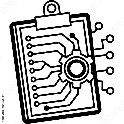 Clipboard with gear and circuit board isolated on white background