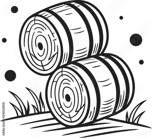 Monochrome Illustration of Two Hay Bales in a Field with Grass