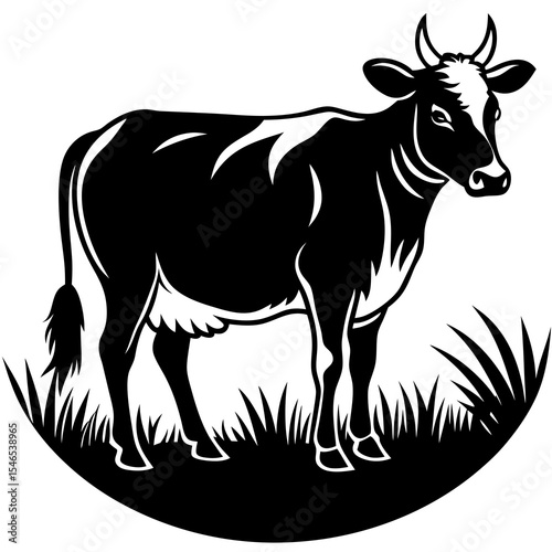 Black and white cow stands in grass isolated on white background