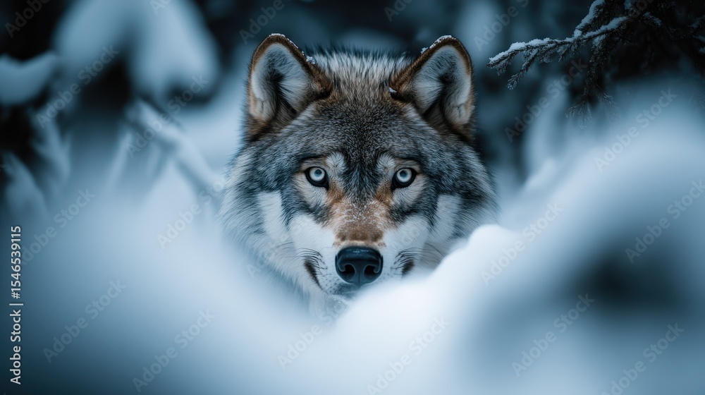 Fototapeta premium A striking close-up of a wolf in a snowy environment, showcasing its piercing gaze and majestic presence, symbolizing strength and resilience in nature's beauty.