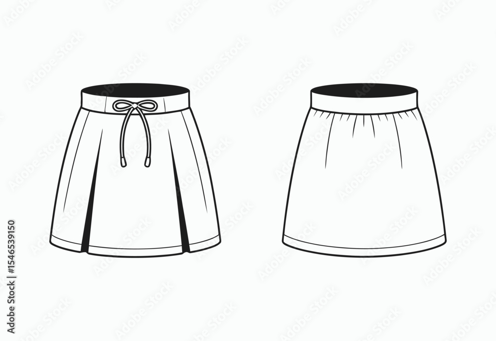 Two womens mini skirt fashion flat sketches