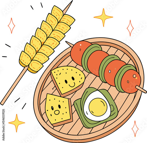 Cute Cartoon Food Illustration with Skewers Cheese and Egg on Tray