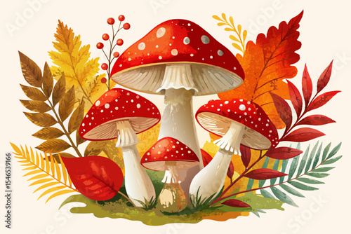 Autumn mushrooms with fall leaves and berries