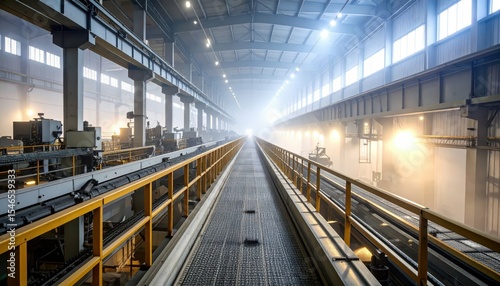 Foggy Factory View from Catwalk Above with Idle Machines and Clatter