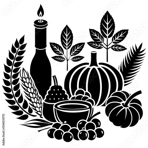 Thanksgiving harvest with pumpkins grapes and wheat isolated on white