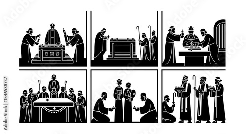 Religious Ritual Scenes in Black and White Silhouette Style