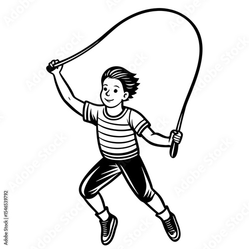 Boy jumping rope for exercise isolated on white background