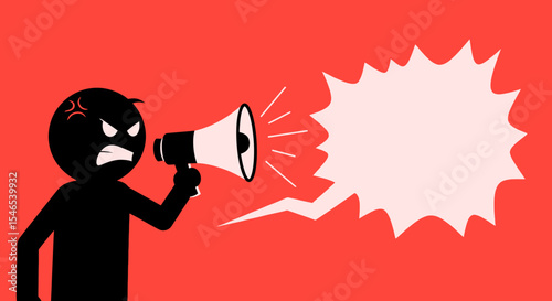 Angry Silhouette Figure Shouting into Megaphone with Speech Bubble