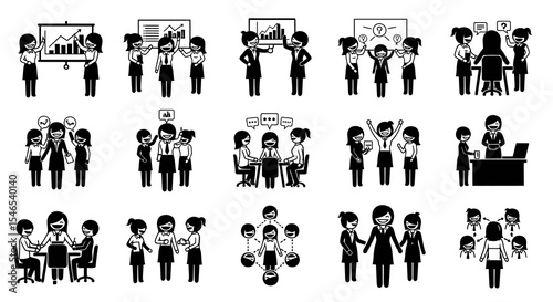 Black and White Stick Figure Businesswomen in Various Poses and Scenarios