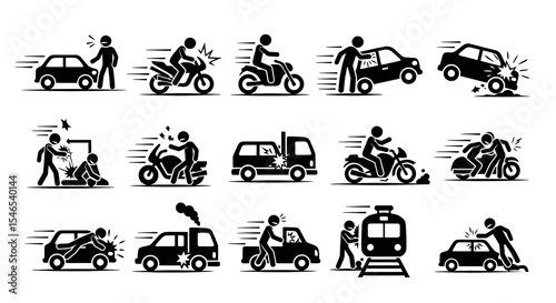 Black and White Stick Figure Illustrations Depicting Various Accidents and Crashes