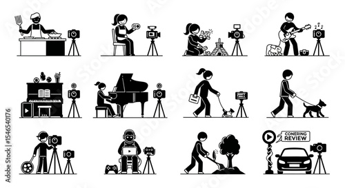 Black and White Stick Figures Depicting Various Activities with Cameras