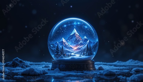 Surreal Snow Globe with Glowing Mountain and Stars, winter snow globe scene featuring majestic mountains a tranquil snowy landscape