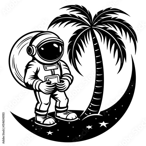 Astronaut standing near palm tree on moon with stars
