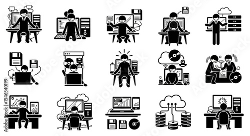 Black and White Stick Figures Illustrating Computer Technology Concepts