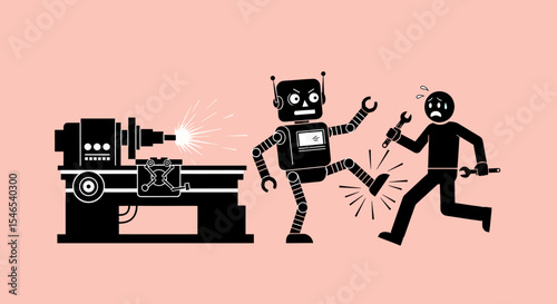 Black Robot Kicking Scared Man with Wrenches, Industrial Accident