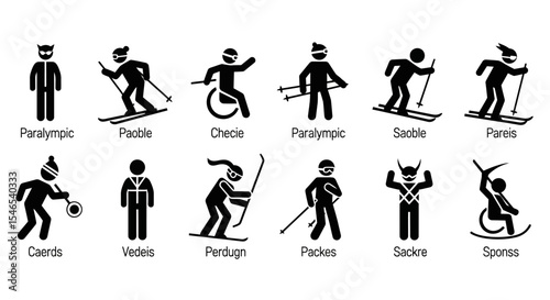 Pictogram Set of Winter Sports and Activities with Unique Designations in Black