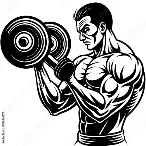 Bodybuilder lifting dumbbell isolated on white background