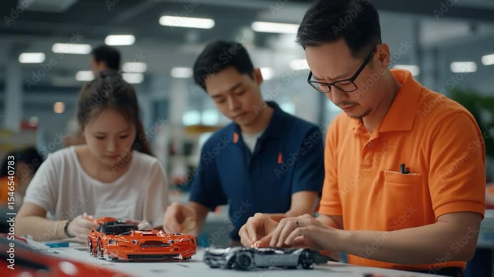 Group of adults focused on assembling intricate building block model cars on a table indoors Group of adults focused on assembling intricate building block model cars on a table indoors