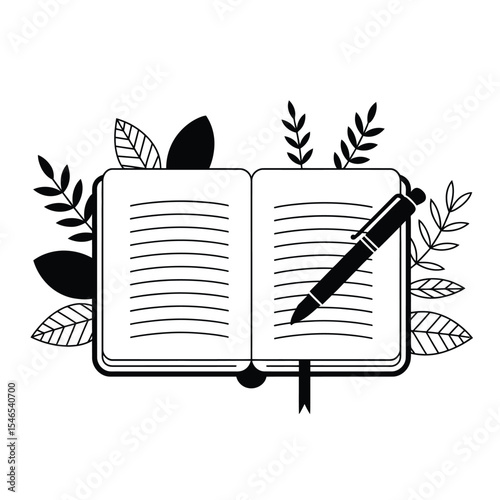 Open journal with pen and dried leaves in black and white vector