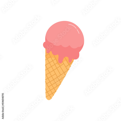 Image of strawberry soft serve ice cream in a waffle cone on a transparent background. Minimalist flat illustration