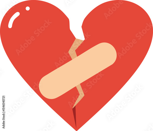 Broken red heart with beige bandage symbolizing healing and emotional recovery in love and relationships 
