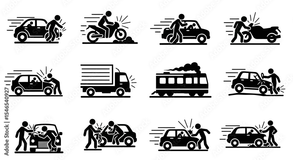 Fototapeta premium Black Stick Figure Illustrations Depicting Various Vehicle Accidents and Collisions