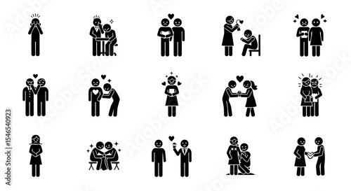 Black Stick Figure Illustrations Depicting Various Romantic Relationships and Emotions.