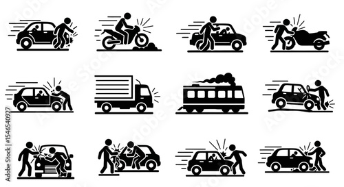 Black Stick Figure Illustrations Depicting Various Vehicle Accidents and Collisions
