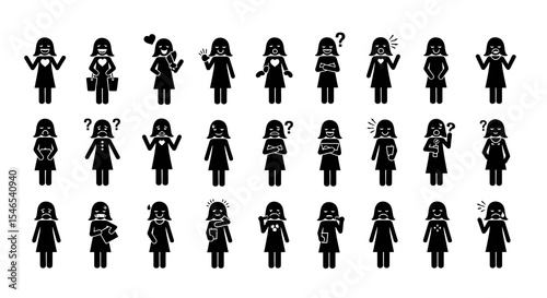 Black Stick Figure Woman Icons Expressing Various Emotions and Activities