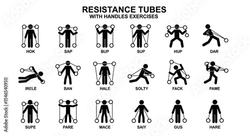 Black Stick Figures Demonstrating Resistance Tube Exercises on White Background