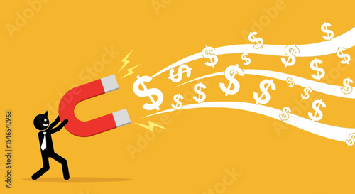 Businessman Attracts Dollar Symbols with a Red Magnet on Yellow Background