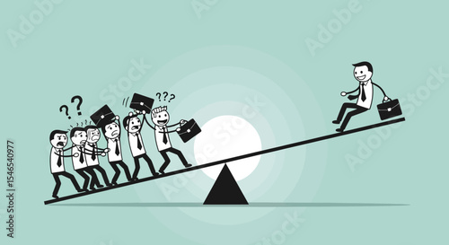 Businessman Ascending Seesaw, Colleagues Struggle, Teamwork, Success, Illustration