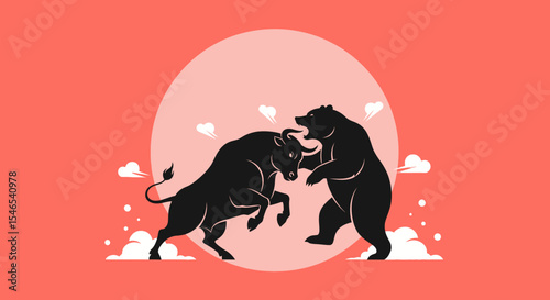 Bull and Bear Market Conflict Silhouette Graphic Design