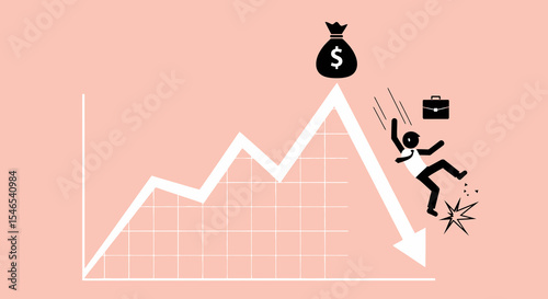 Businessman Falling From Declining Graph with Money Bag, Symbol of Financial Crash