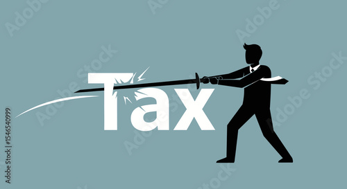Businessman Fighting Taxes with Sword, Silhouette Style