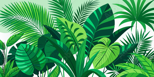 Lush green tropical leaves background illustration