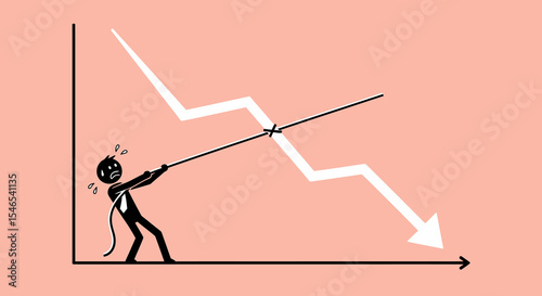 Cartoon Businessman Struggling to Pull Up a Declining White Arrow Graph