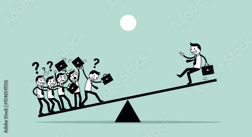 Cartoon Businessmen on Seesaw: One Happy, Others Confused with Briefcases