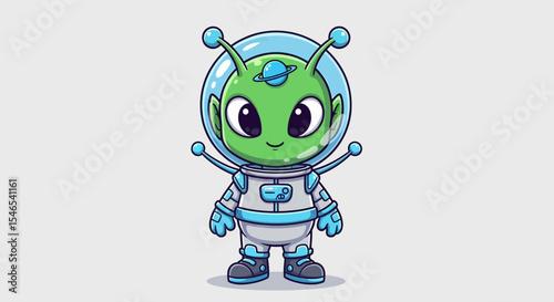 Cartoon Green Alien in Spacesuit with Dome and Planet Antennae Illustration